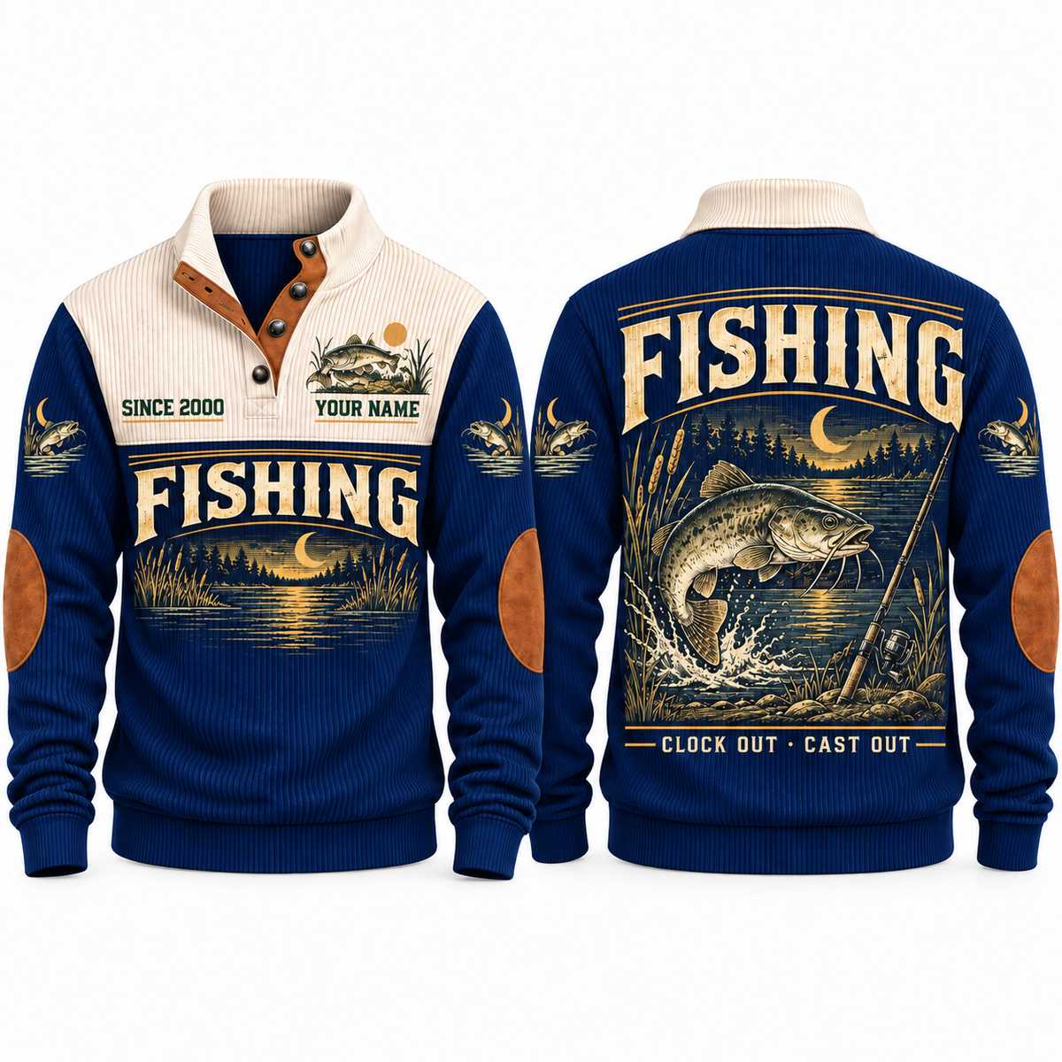 Clock Out · Cast Out personalized fishing sports sweatshirt in Navy, front and back