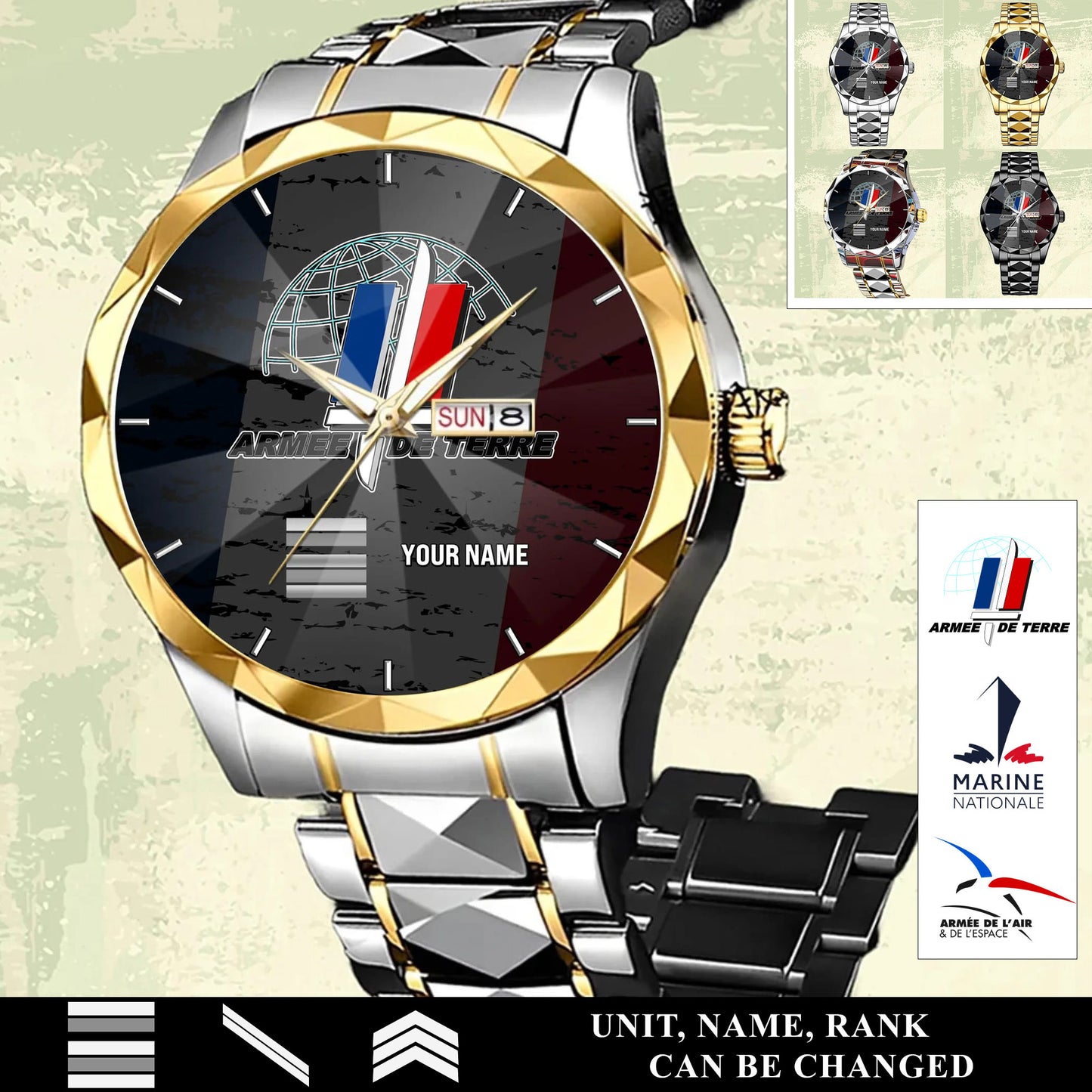 Personalized France Soldier/ Veteran With Rank and Name Gentleman Crystal Metal Watch - 17569440