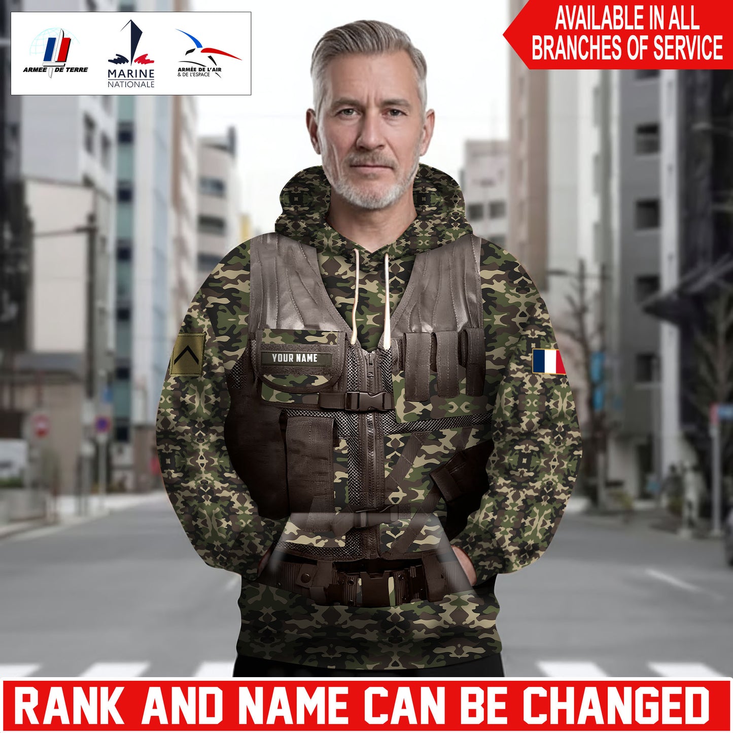 Personalized France Soldier/Veteran Camo with Name and Rank Hoodie Sweater All Over Printed - 17625600