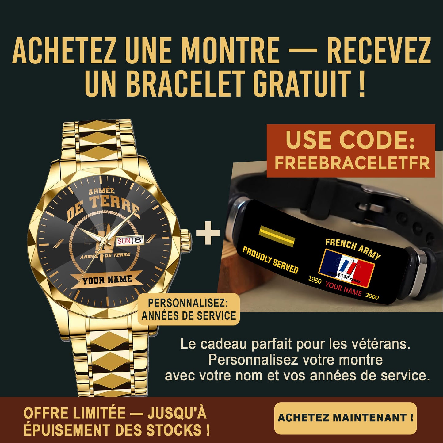 Personalized France Soldier/ Veteran With Rank And Name Gentleman Crystal Metal Watch - 17442432
