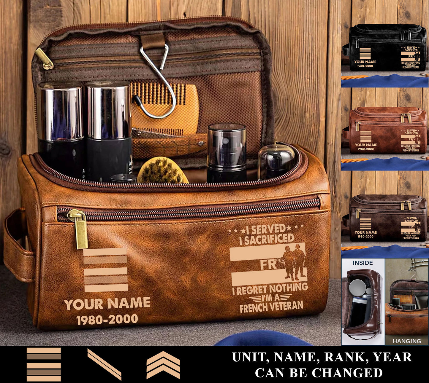 Personalized France Soldier/ Veteran With Name And Rank Leather Toiletry Bag - 17591040