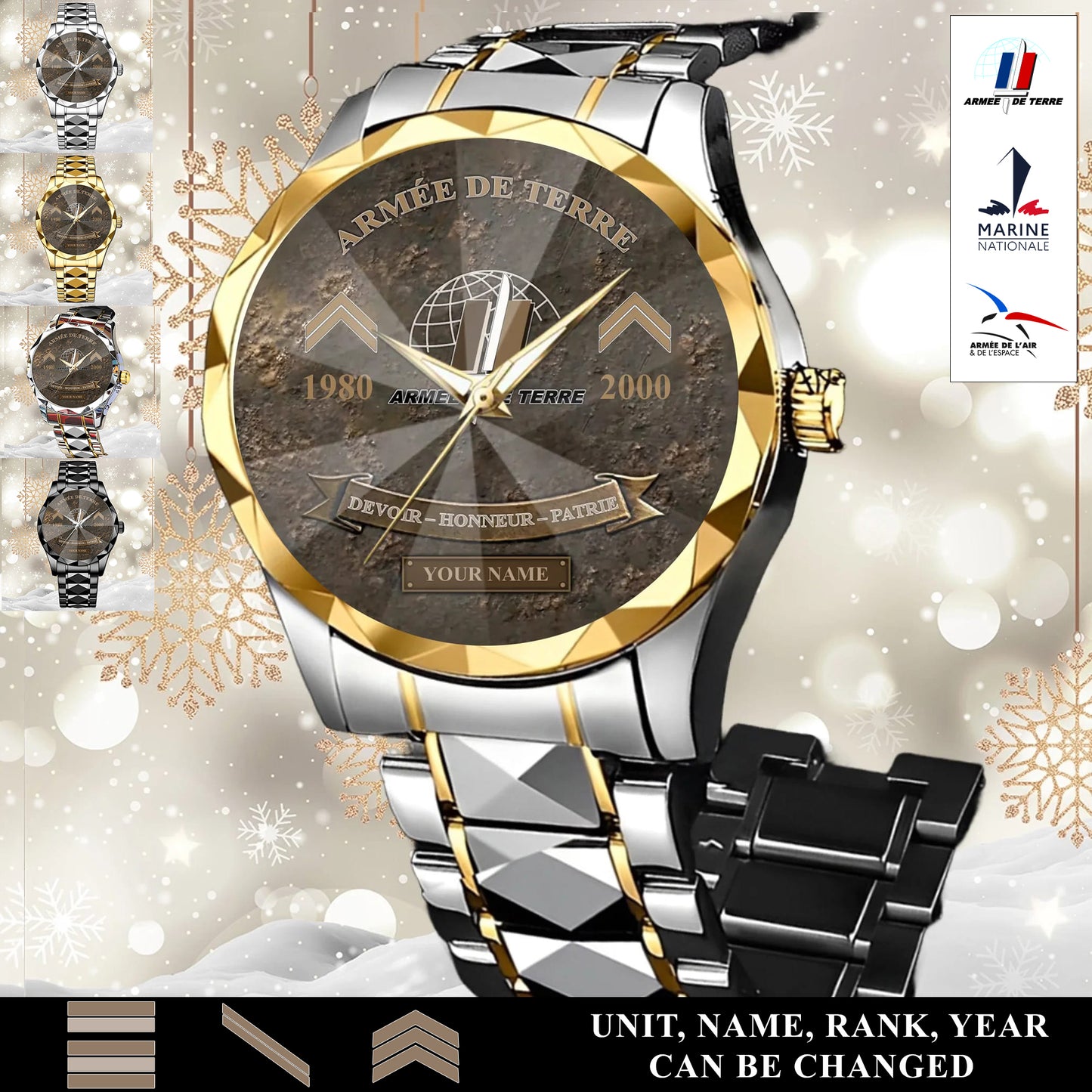 Personalized France Soldier/Veteran with Name, Year and Rank Diamond-Cut Bezel Watch - 17649792