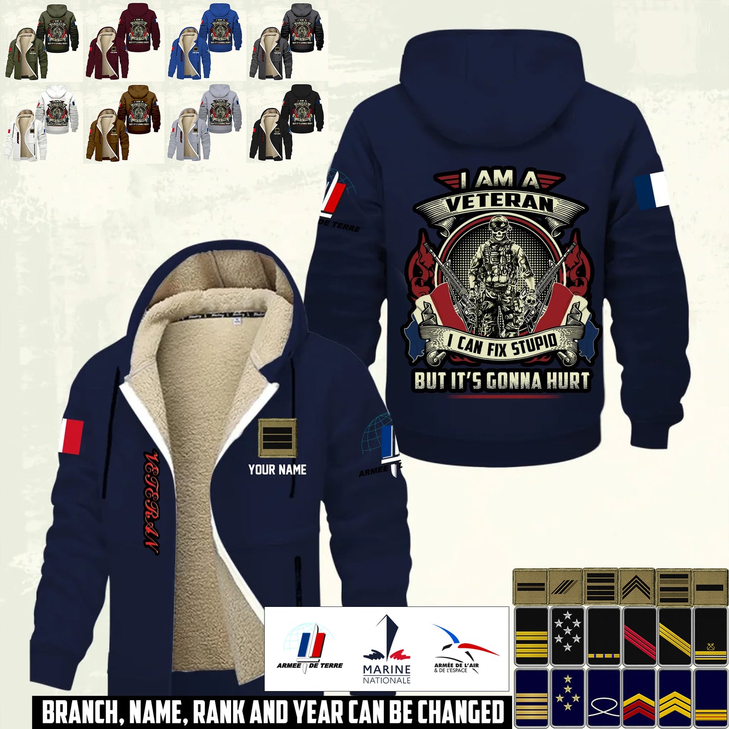 Personalized France Soldier/ Veteran With Name And Rank Hoodie Zip Velvet Coat - 17552160