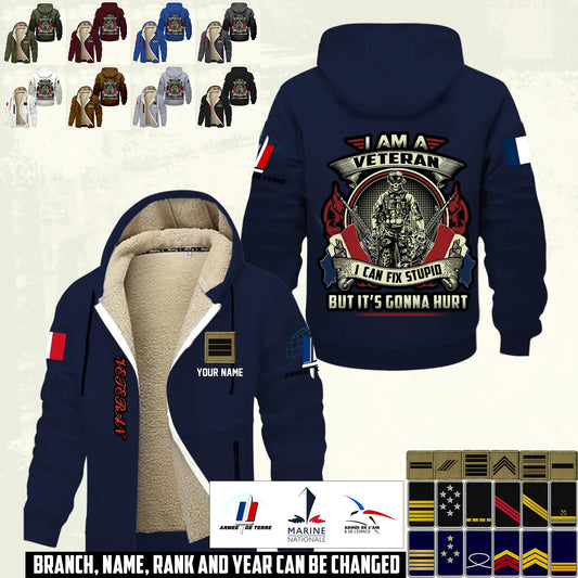 Personalized France Soldier/ Veteran With Name And Rank Hoodie Zip Velvet Coat - 17552160
