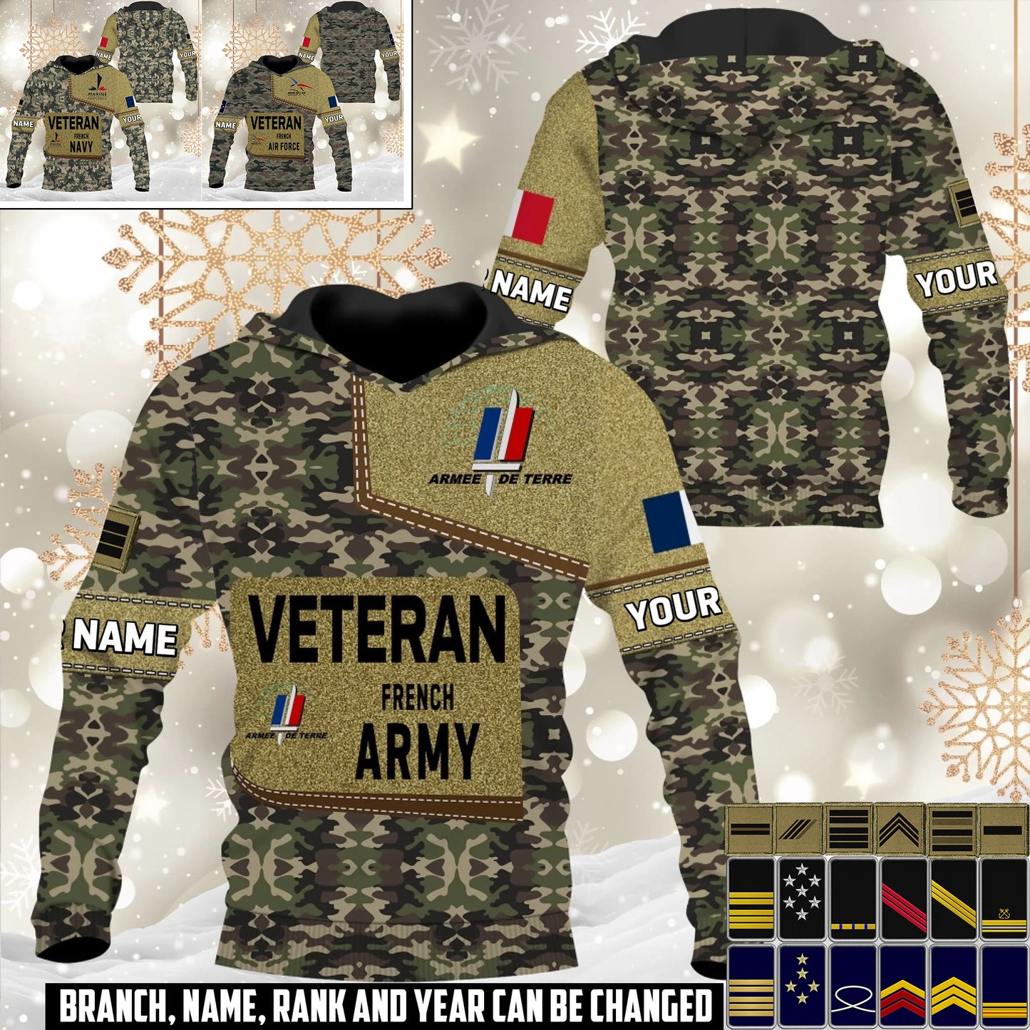 Personalized France Soldier/Veteran Camo with Name and Rank Hoodie All Over Printed - 17539200