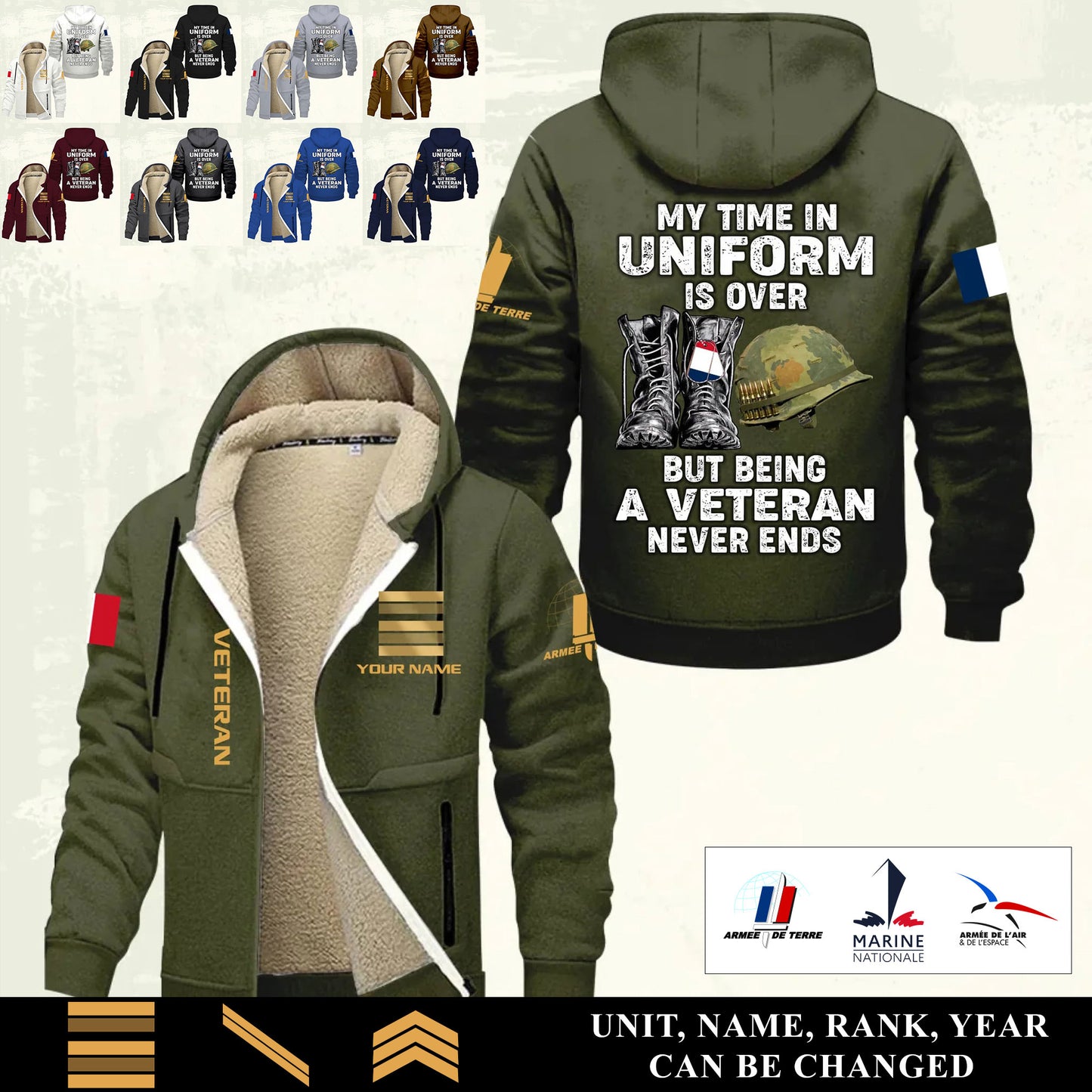 Personalized France Soldier/ Veteran With Name And Rank Hoodie Zip Velvet Coat - 17551296