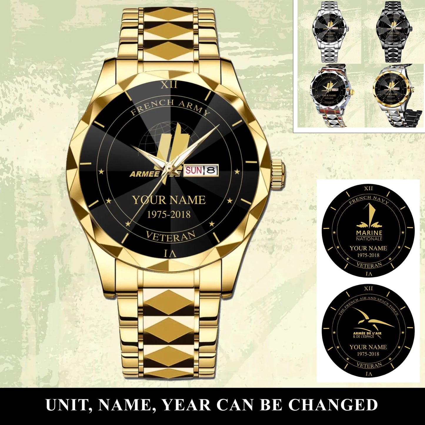 Personalized France Soldier/ Veteran With Name And Year Gentleman Crystal Metal Watch - 17105472