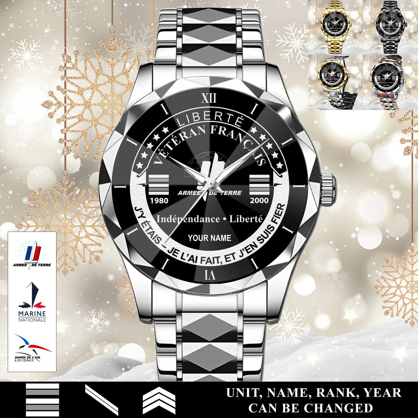 Personalized France Soldier/Veteran with Name, Year and Rank Diamond-Cut Bezel Watch - 17650656