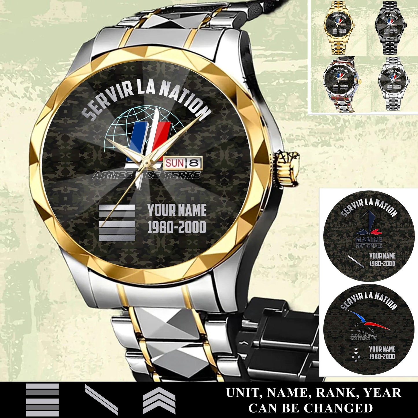 Personalized France Soldier/ Veteran With Name, Rank And Year Gentleman Crystal Metal Watch - 17568576