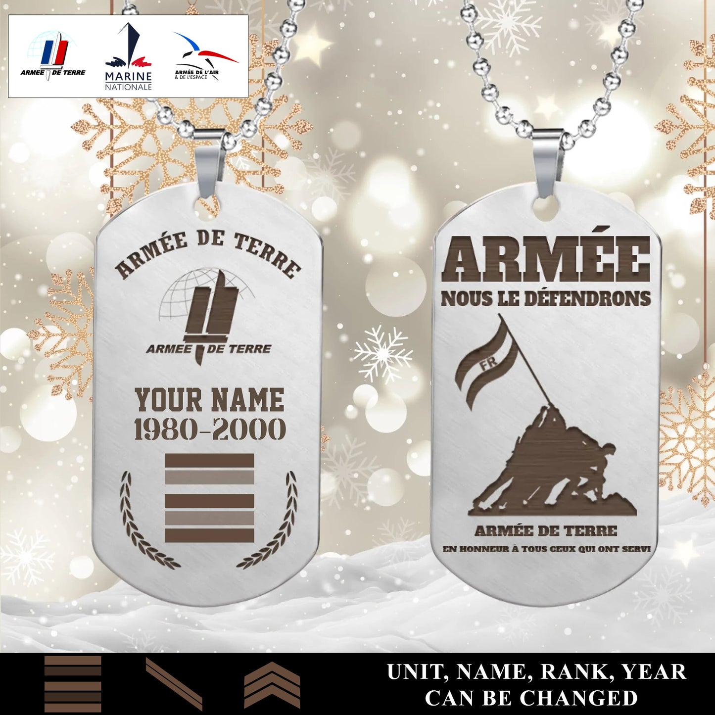 Personalized France Soldier/Veteran with Rank, Name & Year Dog Tag Necklace - 17657568