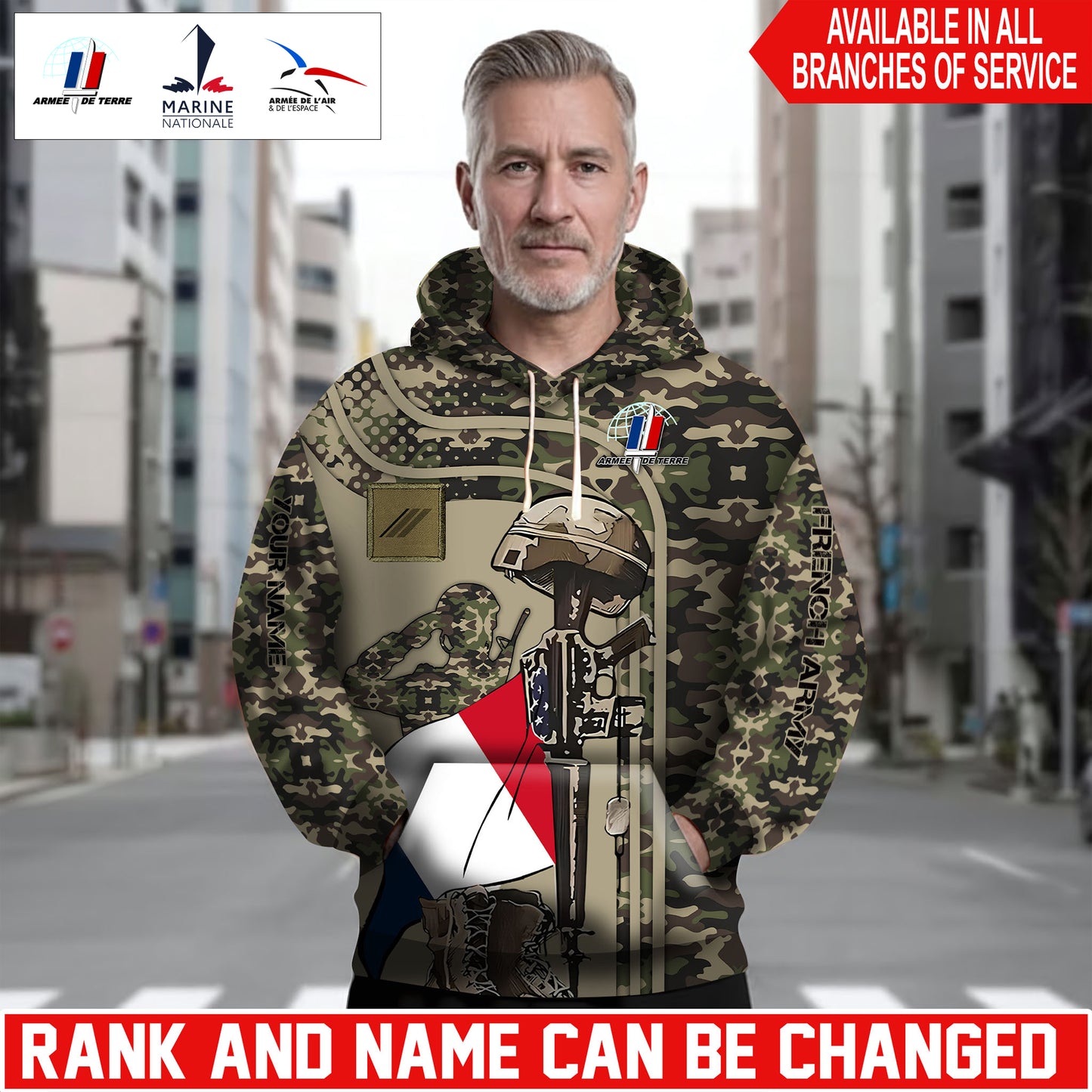 Personalized France Soldier/Veteran Camo with Name and Rank Hoodie Sweater All Over Printed - 1762905607