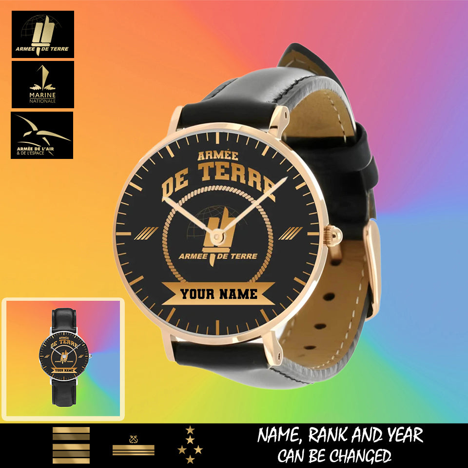 Personalized France Soldier/ Veteran With Name, Rank and Black Stitched Leather Watch - 17424288 - Gold Version