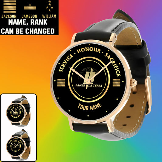 Personalized France Soldier/ Veteran With Name, Rank Black Stitched Leather Watch - 17114112 - Gold Version
