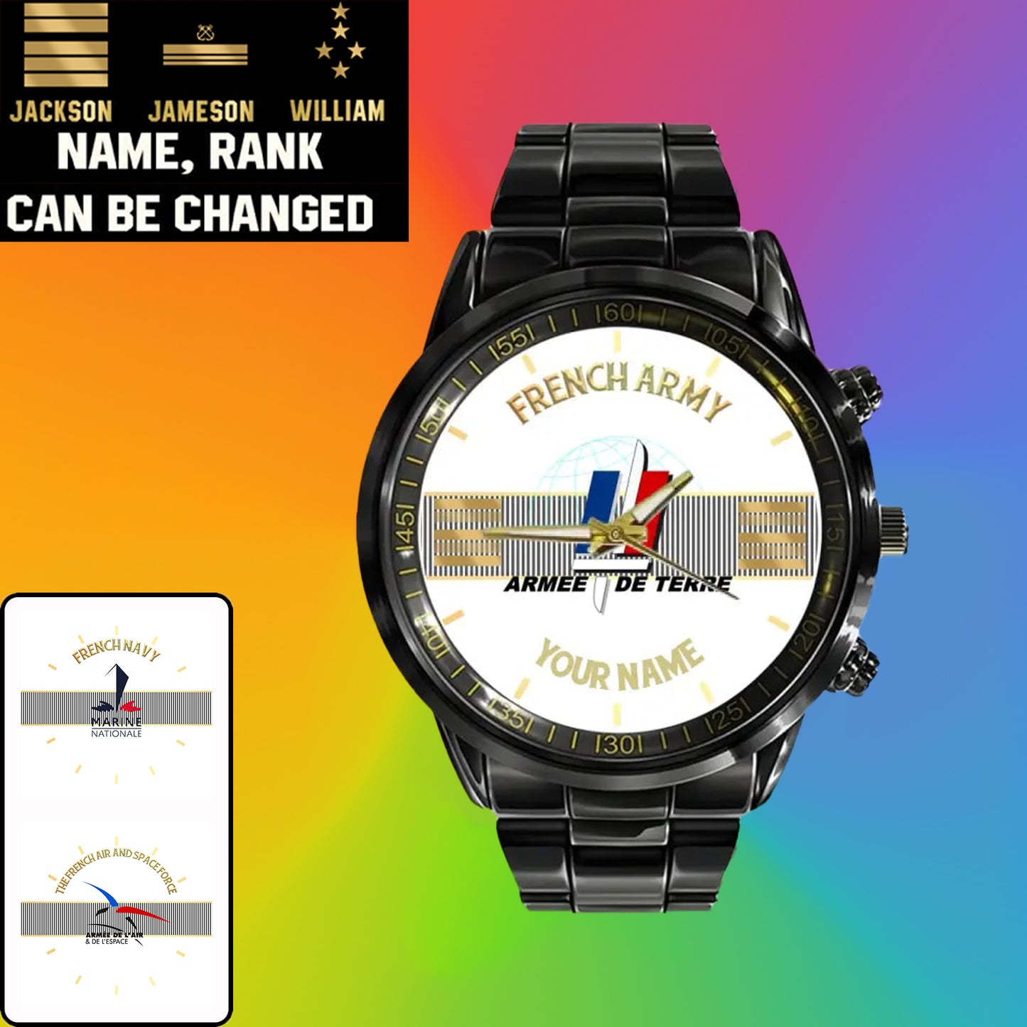 Personalized France Soldier/ Veteran With Name And Rank Black Stainless Steel Watch - 17097696 - Gold Version