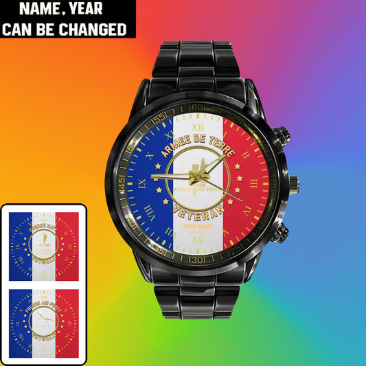 Personalized France Soldier/ Veteran With Name And Rank Black Stainless Steel Watch - 17120160 - Gold Version