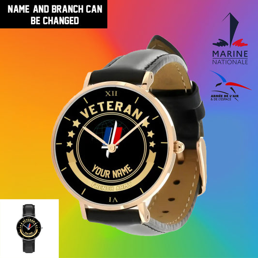 Personalized France Soldier/ Veteran With Name Black Stitched Leather Watch - 17101152 - Gold Version