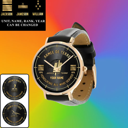 Personalized France Soldier/ Veteran With Name, Rank and Year Black Stitched Leather Watch - 26042401QA - Gold Version