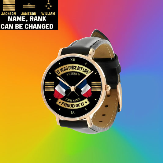 Personalized France Soldier/ Veteran With Name and Rank Black Stitched Leather Watch - 17146944 - Gold Version
