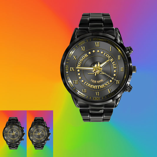 Personalized France Soldier/ Veteran With Name Black Stainless Steel Watch - 17110656 - Gold Version