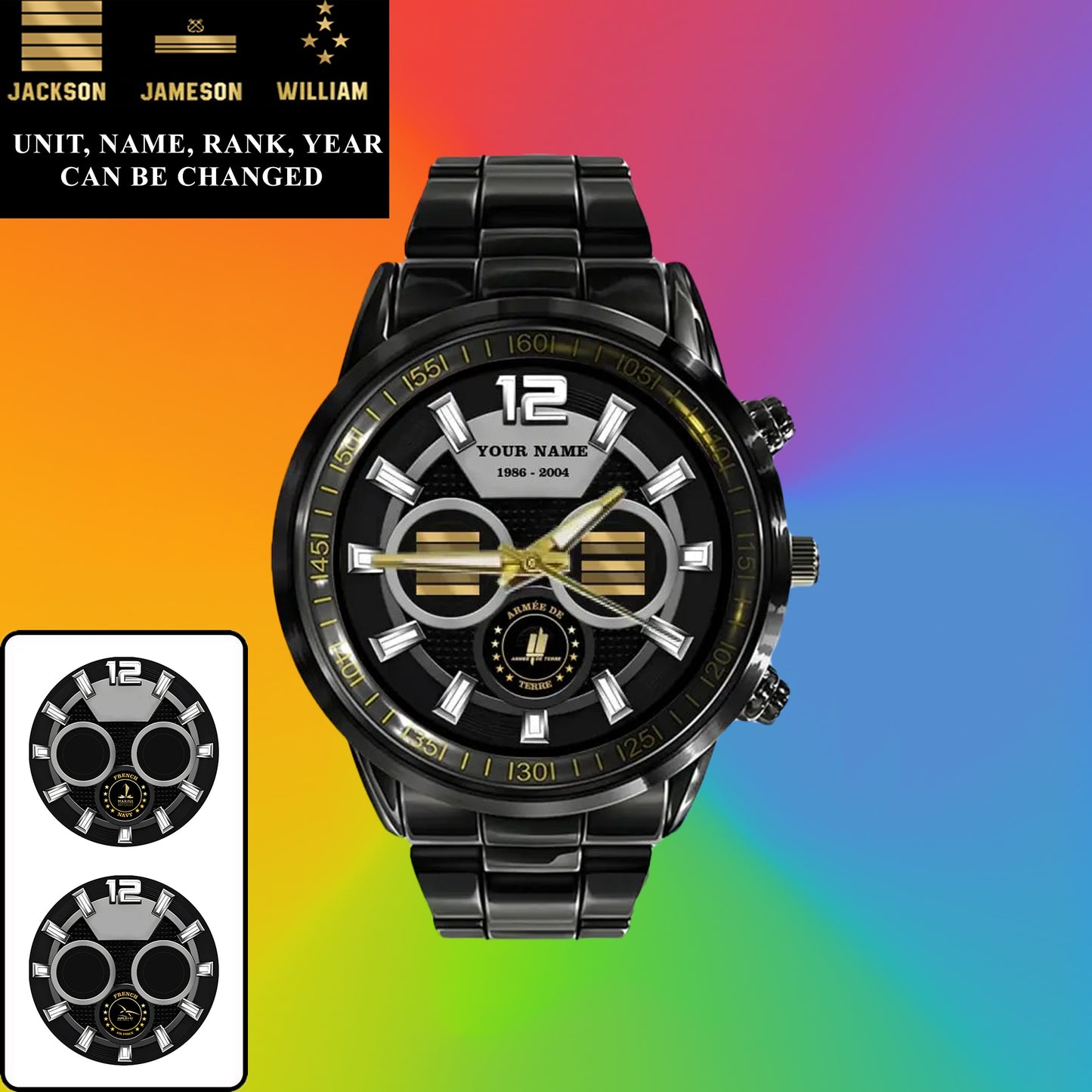 Personalized France Soldier/ Veteran With Name, Rank and Year Black Stainless Steel Watch - 17135712 - Gold Version