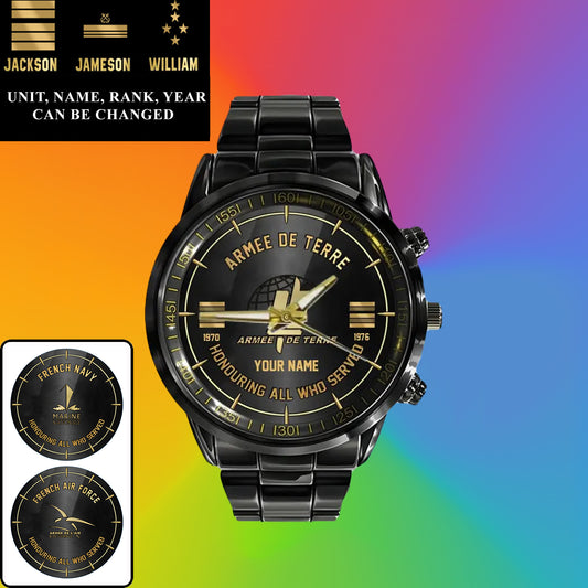 Personalized France Soldier/ Veteran With Name, Rank and Year Black Stainless Steel Watch - 26042401QA - Gold Version