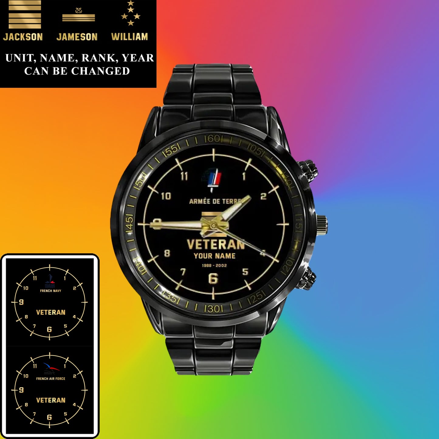 Personalized France Soldier/ Veteran With Name, Rank and Year Black Stainless Steel Watch - 03052402QA - Gold Version