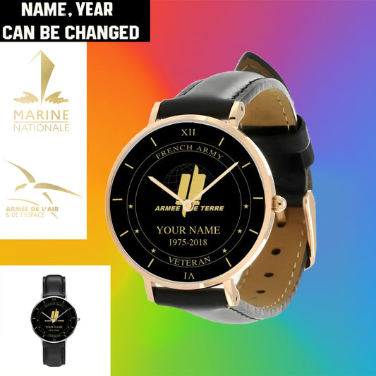Personalized France Soldier/ Veteran With Name And Year Black Stitched Leather Watch - 17105472 - Gold Version
