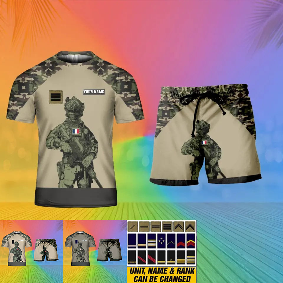 Personalized France Soldier/ Veteran Camo With Name And Rank Combo T-Shirt + Short 3D Printed  - 17104608