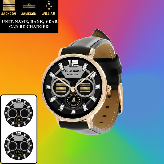 Personalized France Soldier/ Veteran With Name, Rank and Year Black Stitched Leather Watch - 17141760 - Gold Version