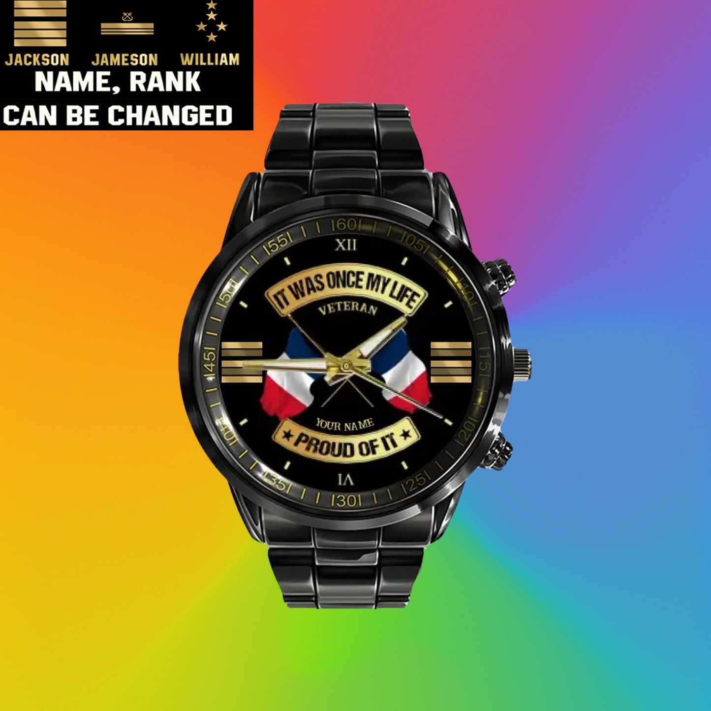 Personalized France Soldier/ Veteran With Name and Rank Black Stainless Steel Watch - 17146944 - Gold Version