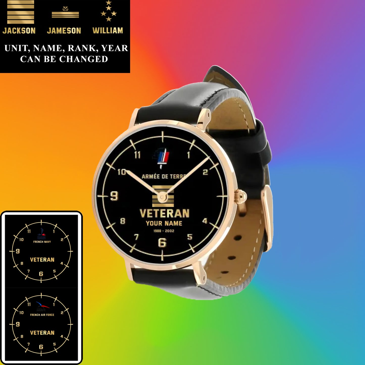 Personalized France Soldier/ Veteran With Name, Rank and Year Black Stitched Leather Watch - 03052402QA - Gold Version