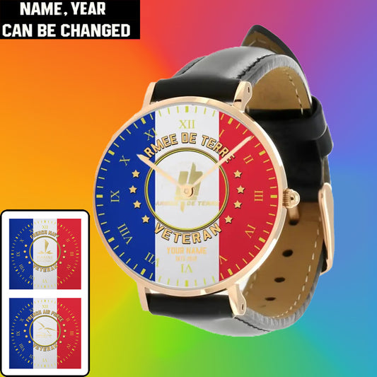 Personalized France Soldier/ Veteran With Name And Year Black Stitched Leather Watch - 0204240001 - Gold Version