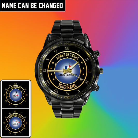Personalized France Soldier/ Veteran With Name Black Stainless Steel Watch - 05042401QA - Gold Version