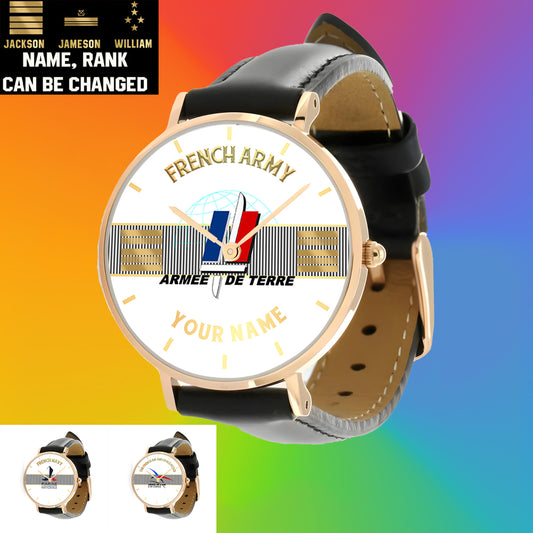 Personalized France Soldier/ Veteran With Name And Rank Black Stitched Leather Watch - 17097696 - Gold Version