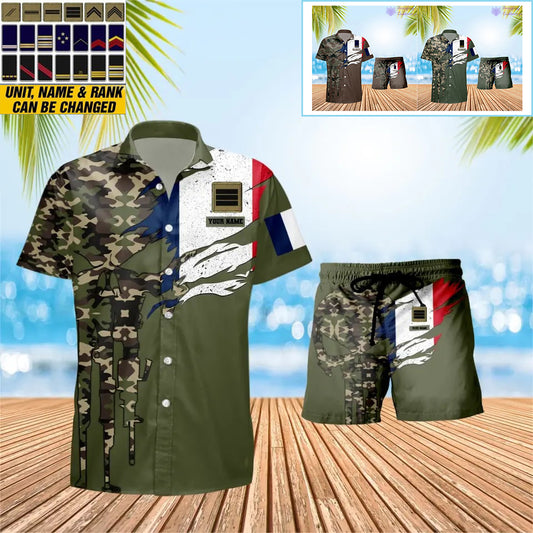 Personalized France Soldier/ Veteran Camo With Rank Combo Hawaii Shirt + Short 3D Printed - 0311230001QA