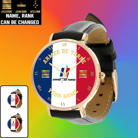 Personalized France Soldier/ Veteran With Name And Rank Black Stitched Leather Watch - 17098560 - Gold Version
