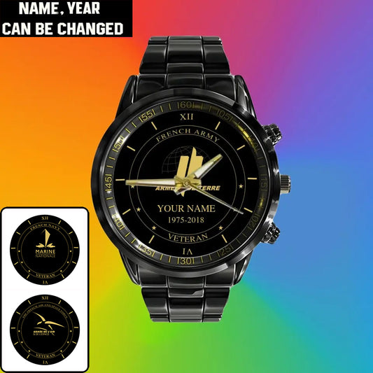 Personalized France Soldier/ Veteran With Name And Year Black Stainless Steel Watch - 17105472 - Gold Version