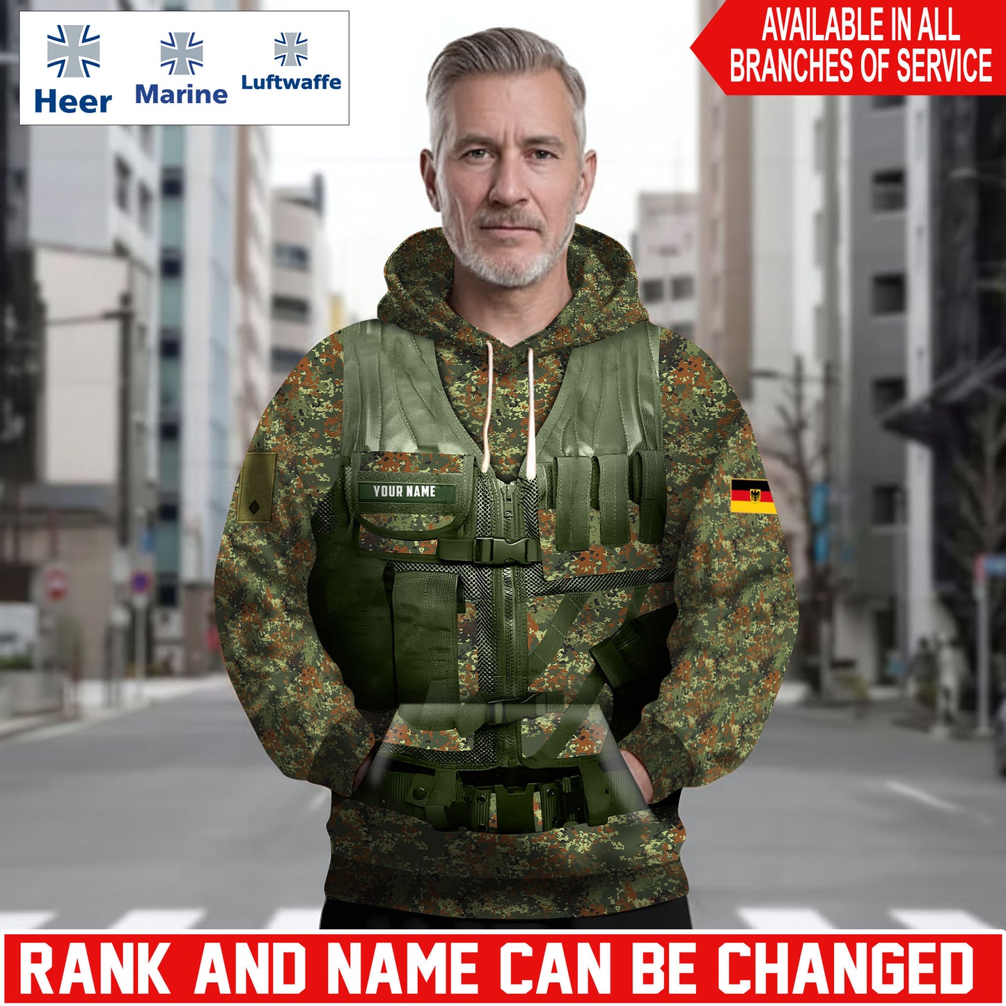 Personalized Germany Soldier/Veteran Camo with Name and Rank Hoodie Sweater All Over Printed - 17625600