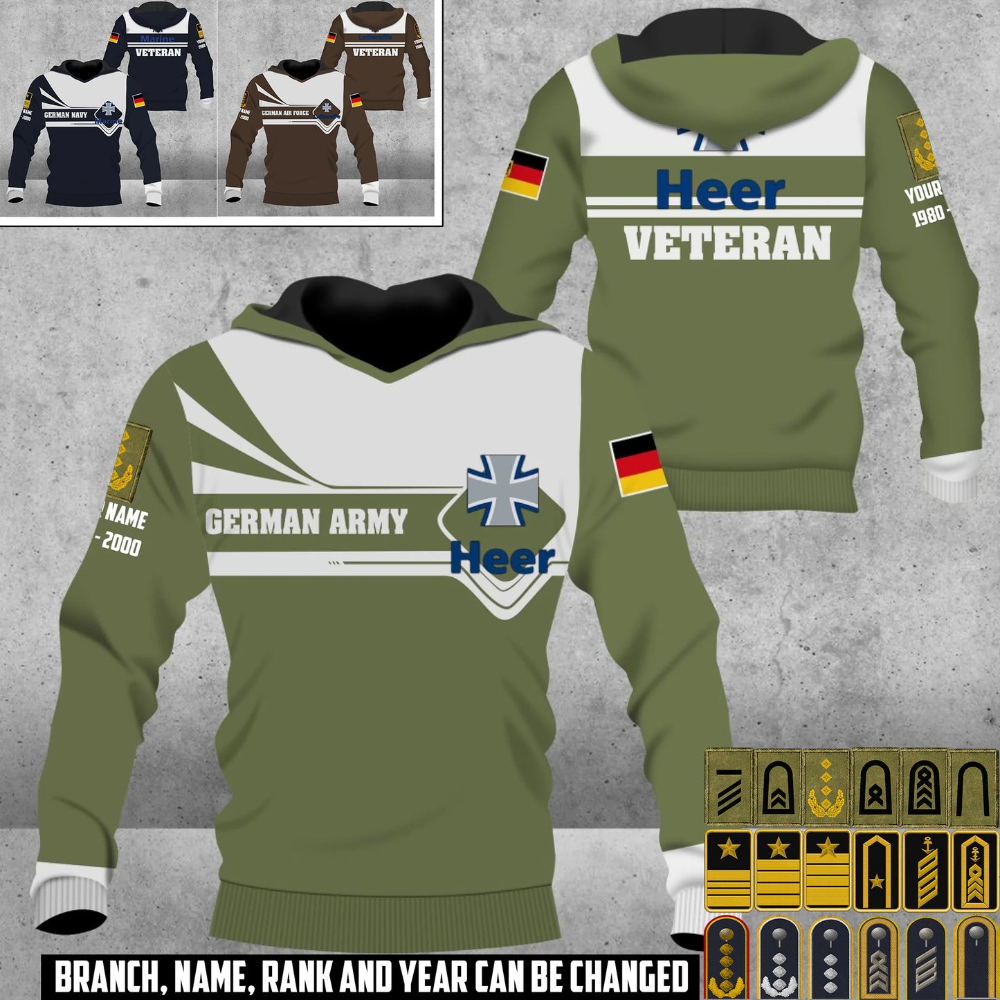 Personalized Germany Soldier/Veteran with Rank, Year And Name Hoodie All Over Printed - 17462304
