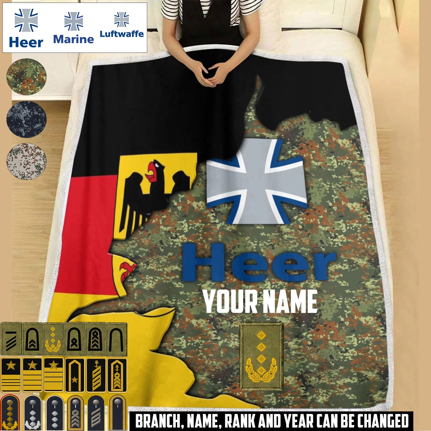 Personalized Germany Soldier/ Veteran With Rank And  Name Fleece Blanket 3D Printed - 17607456