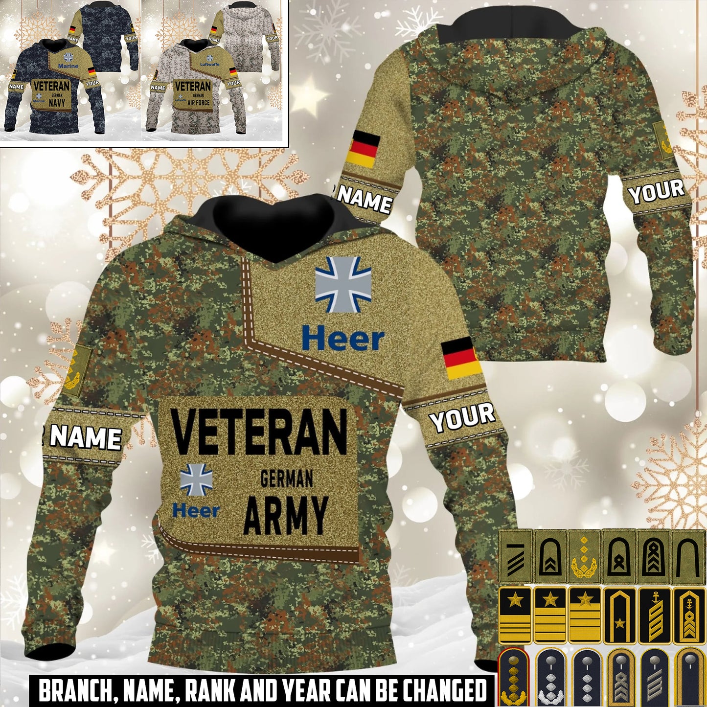 Personalized Germany Soldier/Veteran Camo with Name and Rank Hoodie All Over Printed - 17539200
