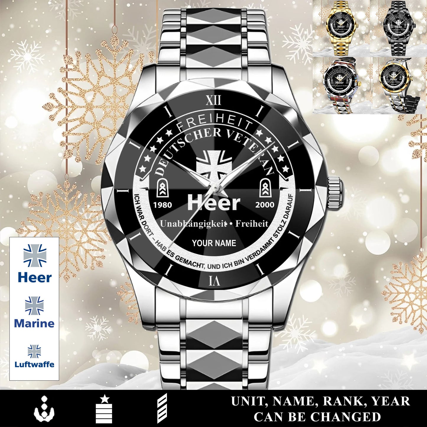 Personalized Germany Soldier/Veteran with Name, Year and Rank Diamond-Cut Bezel Watch - 17650656