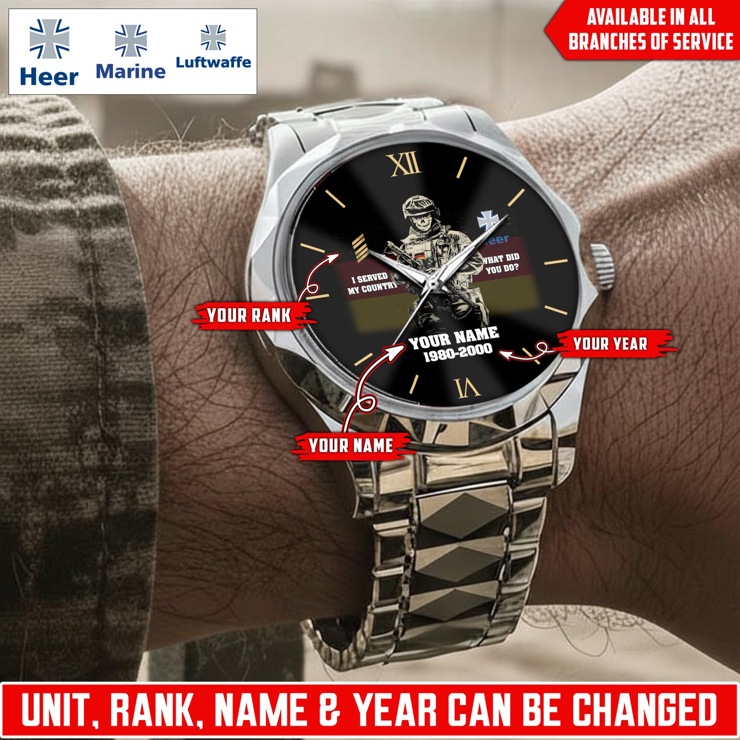 Personalized Germany Soldier/Veteran with Name, Year and Rank Diamond-Cut Bezel Watch - 17623872