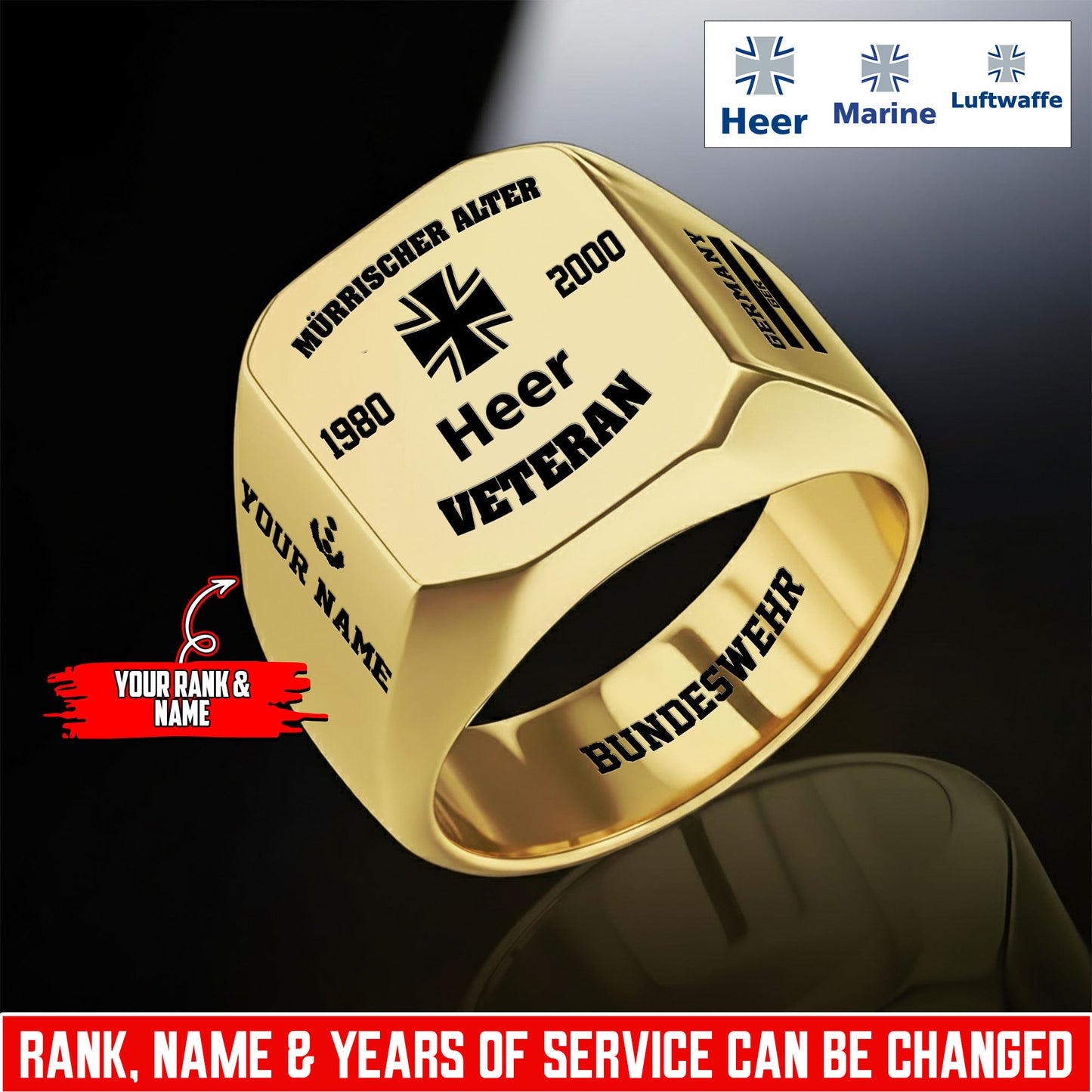 Personalized Germany Soldier/Veteran with Name, Year and Rank Engraved Men’s Ring - 17640288