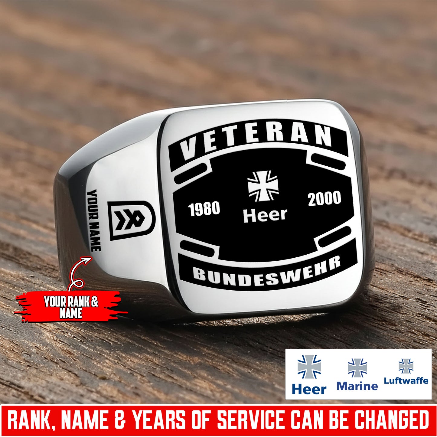 Personalized Germany Soldier/Veteran with Name, Year and Rank Engraved Men’s Ring - 17647200