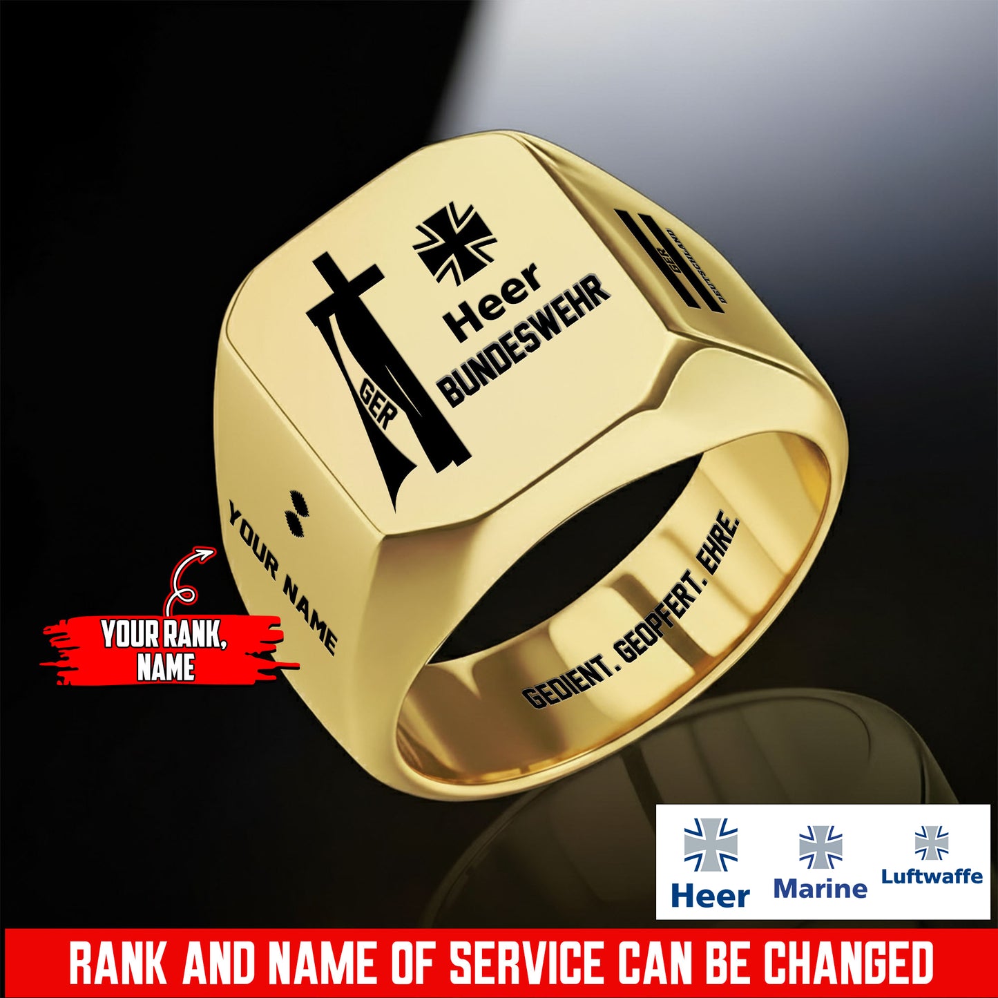 Personalized Germany Soldier/Veteran with Name and Rank Engraved Men’s Ring - 17653248