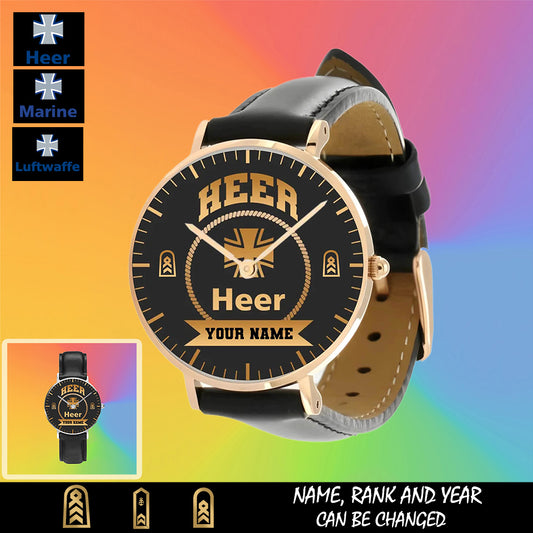 Personalized Germany Soldier/ Veteran With Name, Rank and Black Stitched Leather Watch - 17424288 - Gold Version