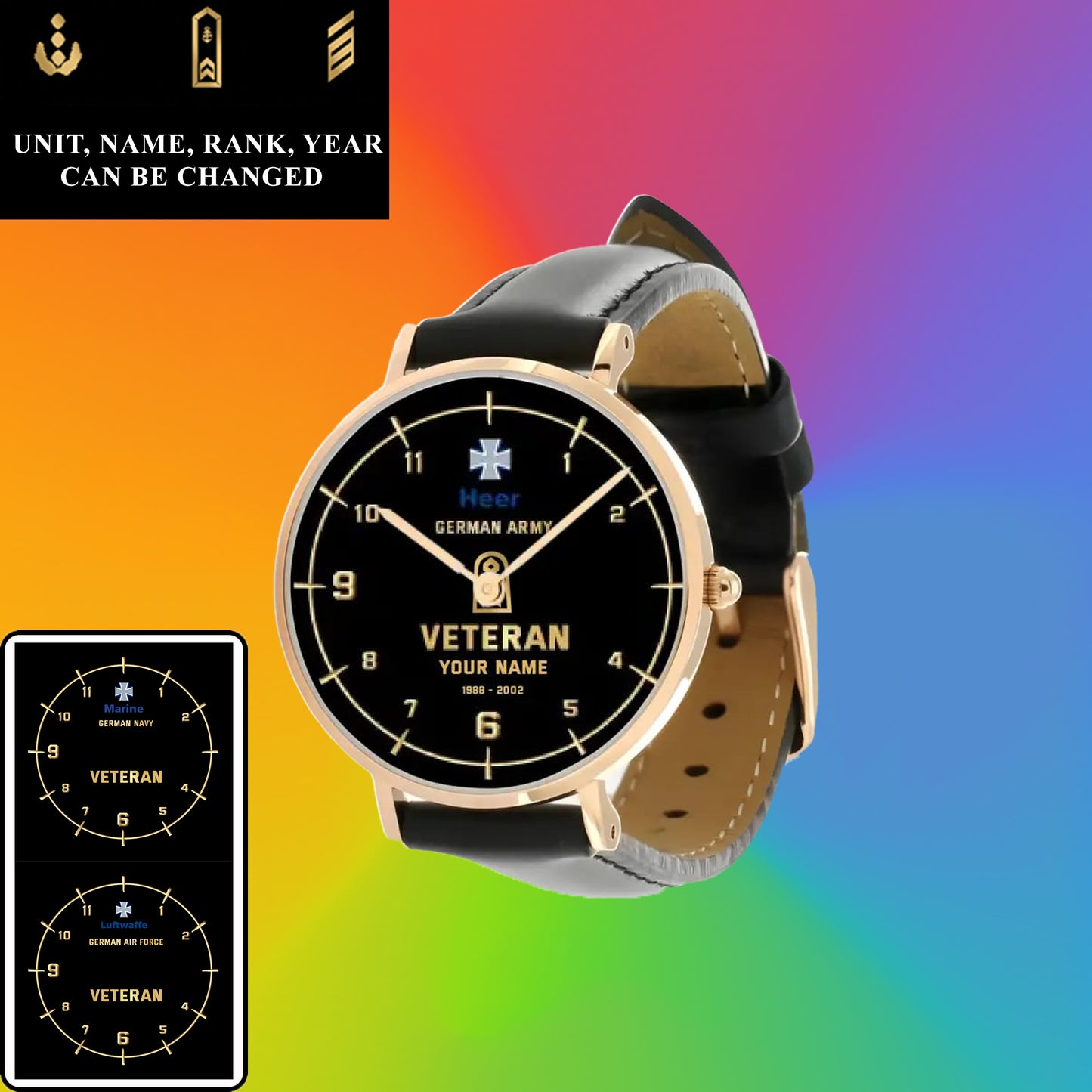 Personalized Germany Soldier/ Veteran With Name, Rank and Year Black Stitched Leather Watch - 1714694401 - Gold Version