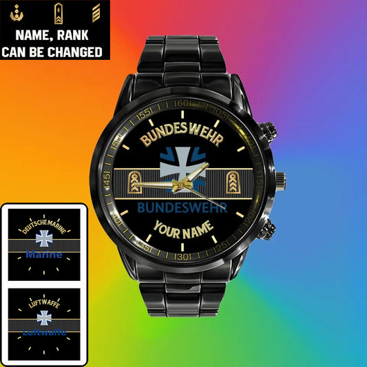 Personalized Germany Soldier/ Veteran With Name And Rank Black Stainless Steel Watch - 0703240001 - Gold Version
