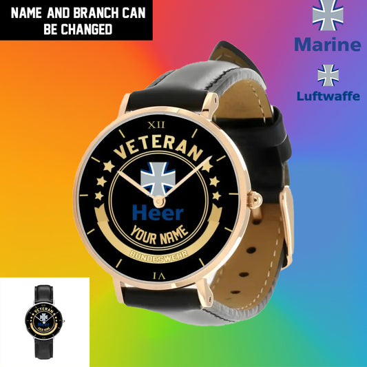 Personalized Germany Soldier/ Veteran With Name Black Stitched Leather Watch - 1103240001 - Gold Version